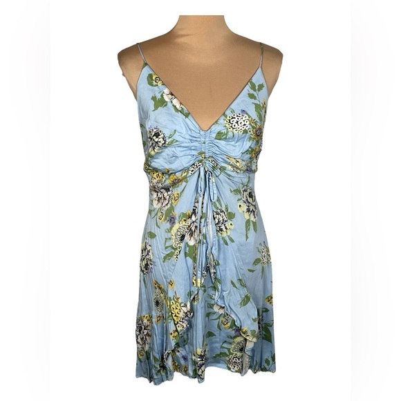 Free People Happy Heart Ruched Blue Floral Dress Large - Picture 3 of 12